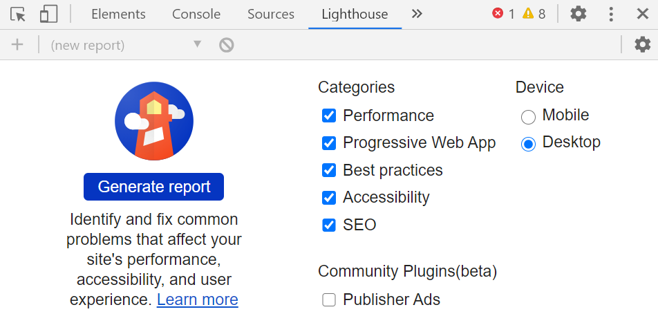 Lighthouse UI in DevTools